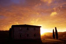 farmhouse at sunset