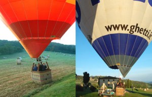 le mongolfiere sono pronte a partire dal casale tra Volterra e San Gimignano