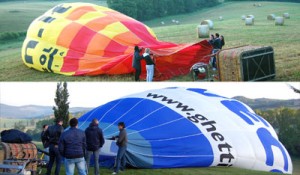 tutti i partecipanti sorreggono il pallone della mongolfiera per far entrare aria con una ventola