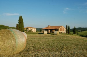 casolare in toscana a giugno con balle di fieno